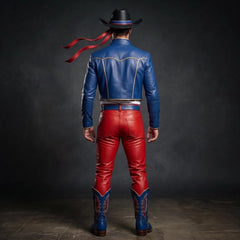 Handmade Blue Leather Cropped Jacket & Red Pants Set | Men’s Western Cowboy Cosplay & Hero Outfit