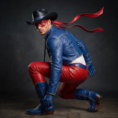 Handmade Blue Leather Cropped Jacket & Red Pants Set | Men’s Western Cowboy Cosplay & Hero Outfit