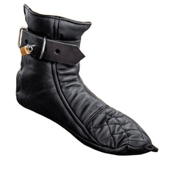 Black leather boot with a gold buckle on a white background