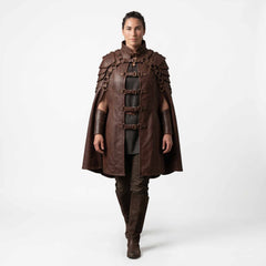 Full length front studio shot of woman walking in brown genuine leather medieval cape paired with brown suede riding boots