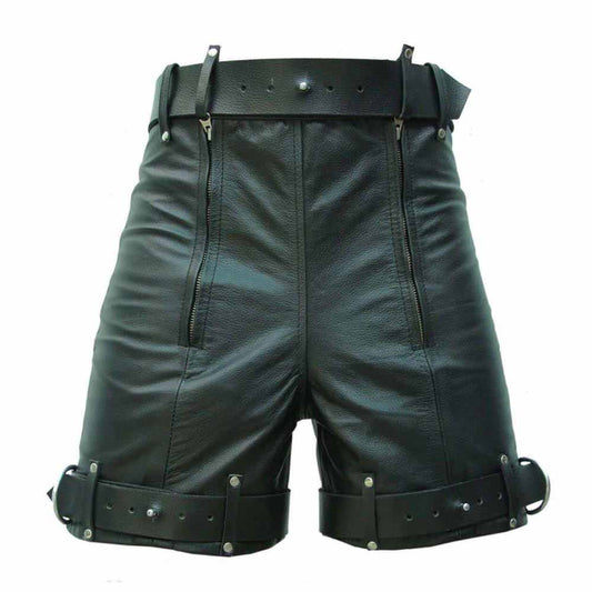 Pantalones cortos de cuero para hombre, para bondage/castidad con cierre, de cuero de vaca genuino