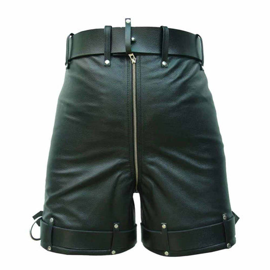 Pantalones cortos de cuero para hombre, para bondage/castidad con cierre, de cuero de vaca genuino