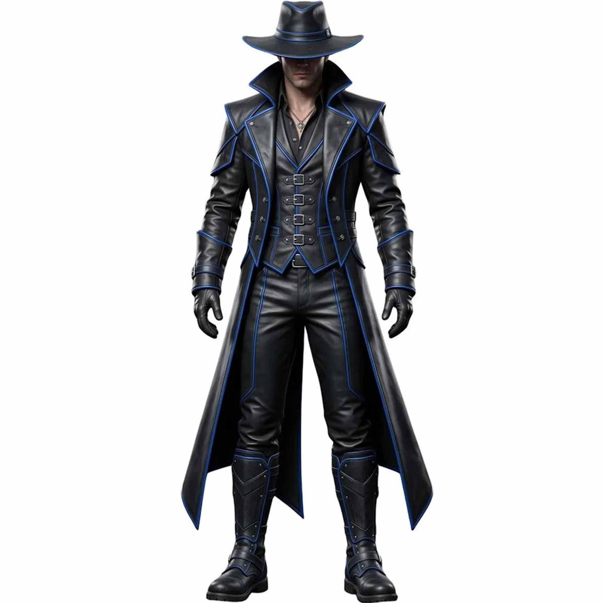 Full length front view of handmade black cyberpunk leather trench coat outfit with electric blue trim, buckled vest, and wide brim hat