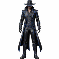 Full length front view of handmade black cyberpunk leather trench coat outfit with electric blue trim, buckled vest, and wide brim hat