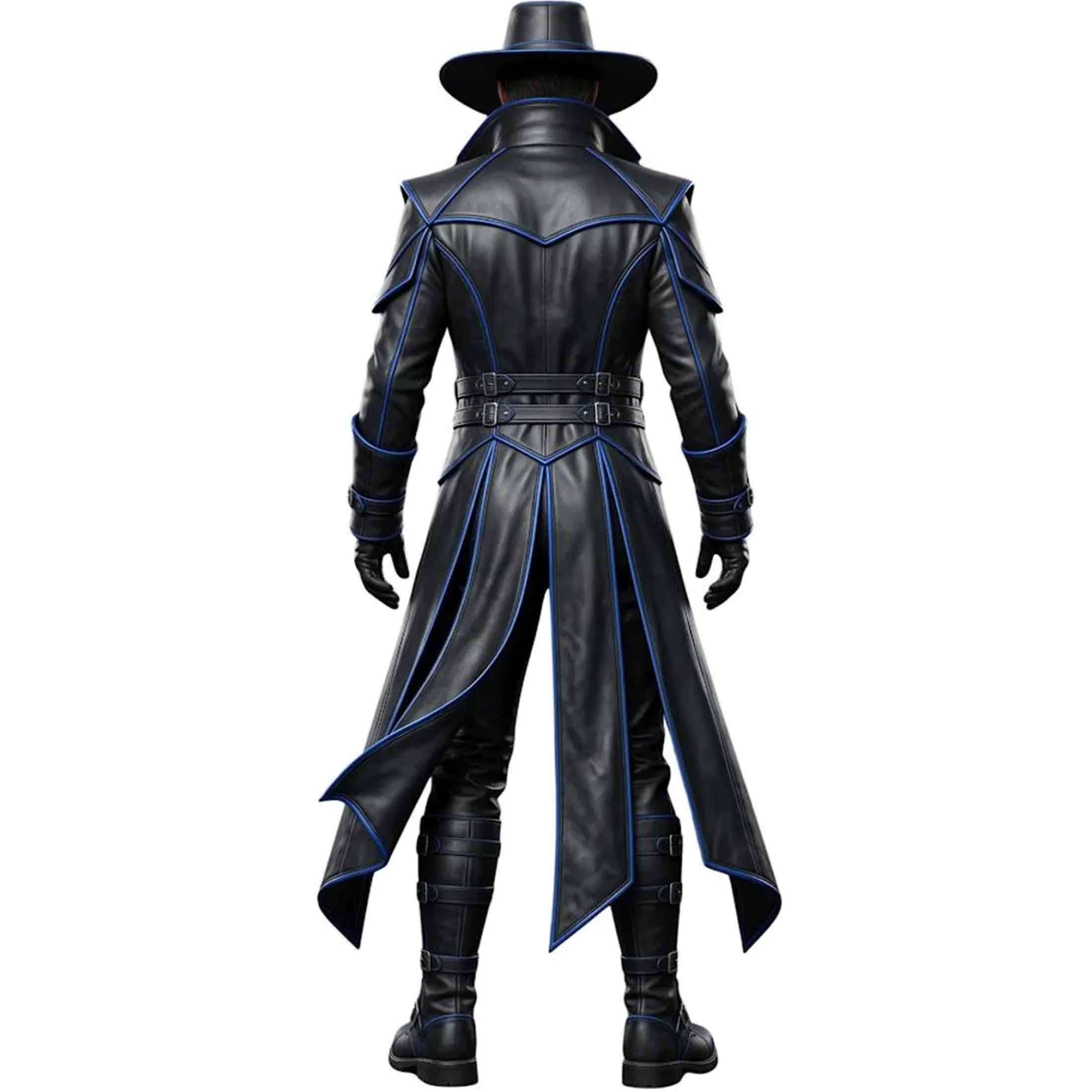 Rear full body view of black leather sci fi duster coat showing split tails, waist cinch straps, and matching armored boots