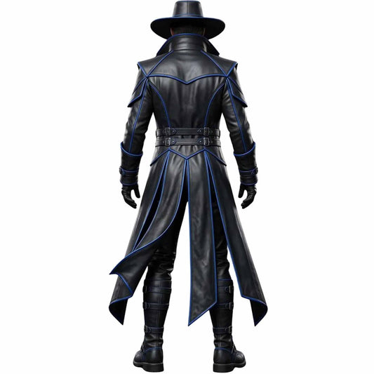 Rear full body view of black leather sci fi duster coat showing split tails, waist cinch straps, and matching armored boots