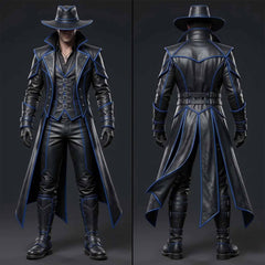 Handmade Cyberpunk Leather Male Outfit | Sci-Fi Western Duster Trench Coat, Buckled Vest & Cosplay Suit
