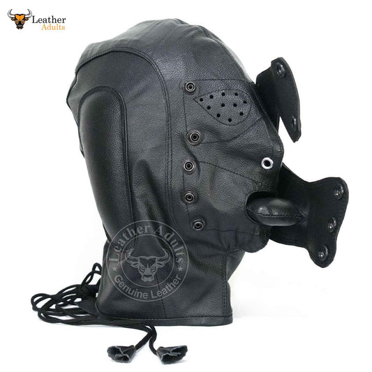 A black leather gimp mask with air-tight hood features, including padded ears, two nose holes, a mouth gag, and blindfolds. The mask is equipped with back lacing and a safety panel for hair inclusion, designed for sensory deprivation.