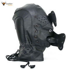A black leather gimp mask with air-tight hood features, including padded ears, two nose holes, a mouth gag, and blindfolds. The mask is equipped with back lacing and a safety panel for hair inclusion, designed for sensory deprivation.