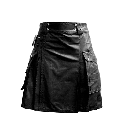 Kilt utilitario de cuero negro para hombre, con dos bolsillos cargo, plisado y dos hebillas