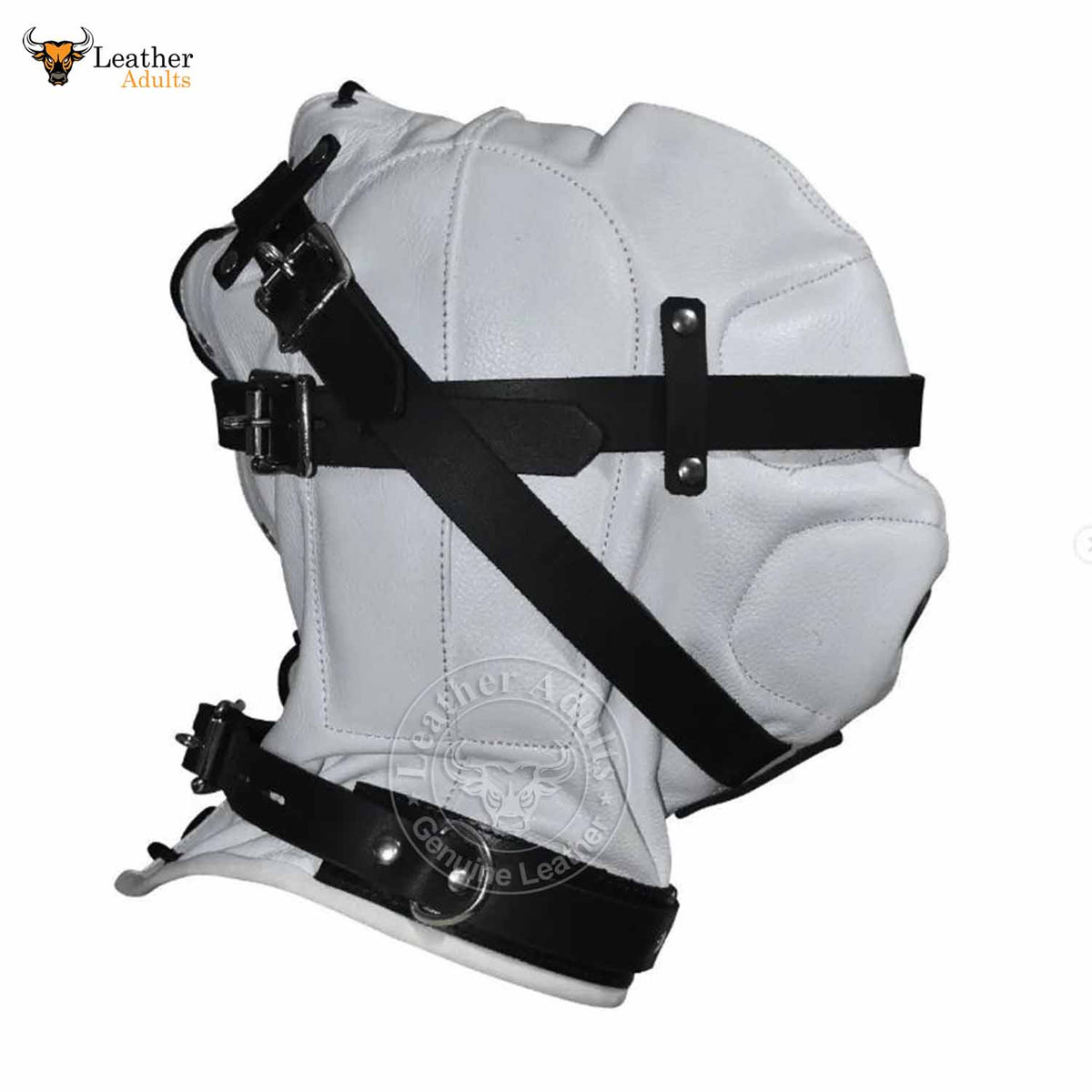 Capucha de privación sensorial de cuero genuino blanco y negro Bondage BDSM Unisex