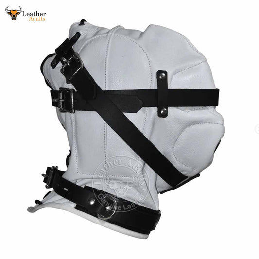 Capucha de privación sensorial de cuero genuino blanco y negro Bondage BDSM Unisex