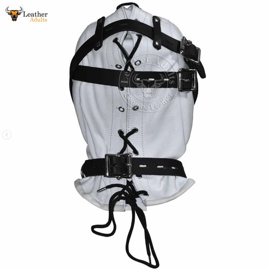 Capucha de privación sensorial de cuero genuino blanco y negro Bondage BDSM Unisex