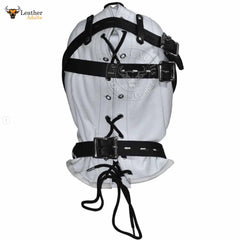 Capucha de privación sensorial de cuero genuino blanco y negro Bondage BDSM Unisex