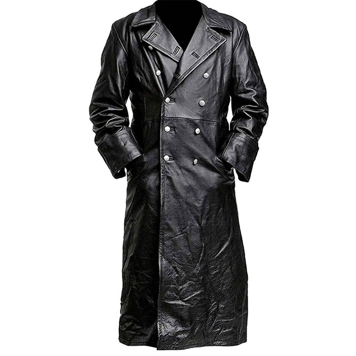 Abrigo largo de invierno de cuero auténtico negro para hombre, uniforme militar clásico de oficial de la Segunda Guerra Mundial alemán