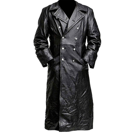 Abrigo largo de invierno de cuero auténtico negro para hombre, uniforme militar clásico de oficial de la Segunda Guerra Mundial alemán