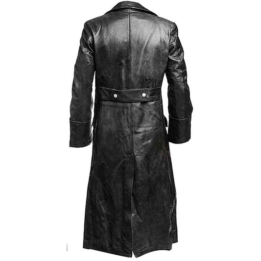 Abrigo largo de invierno de cuero auténtico negro para hombre, uniforme militar clásico de oficial de la Segunda Guerra Mundial alemán