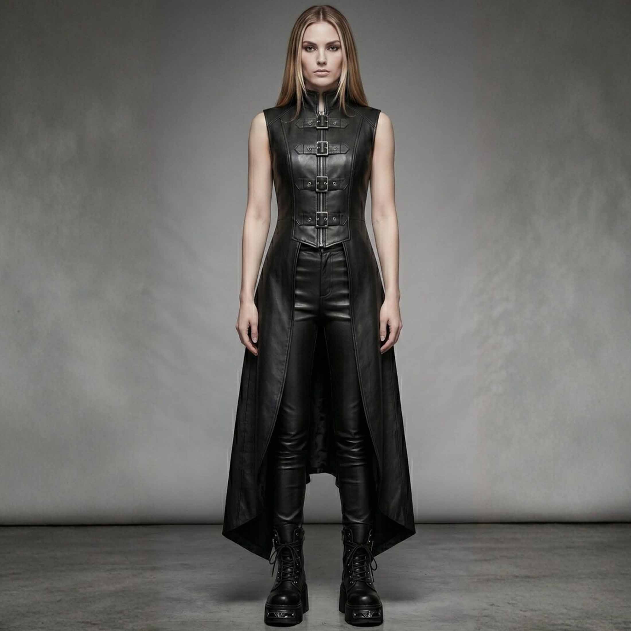Full length front view of women handmade black gothic leather corset trench vest with front buckles and high low hem