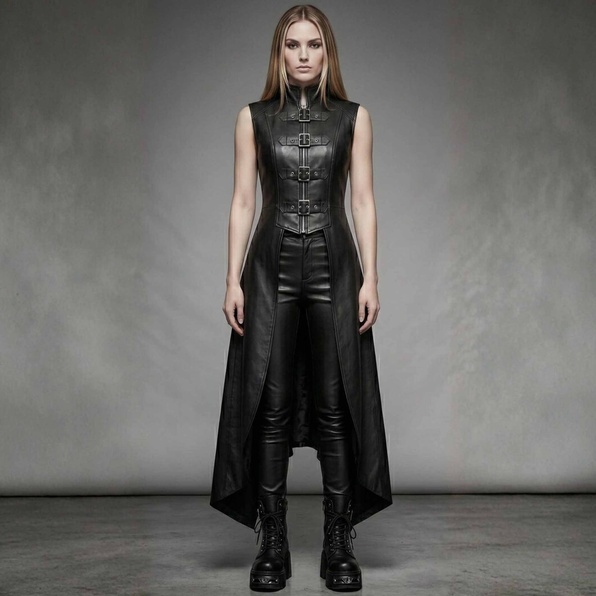 Full length front view of women handmade black gothic leather corset trench vest with front buckles and high low hem