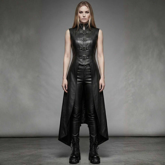 Full length front view of women handmade black gothic leather corset trench vest with front buckles and high low hem