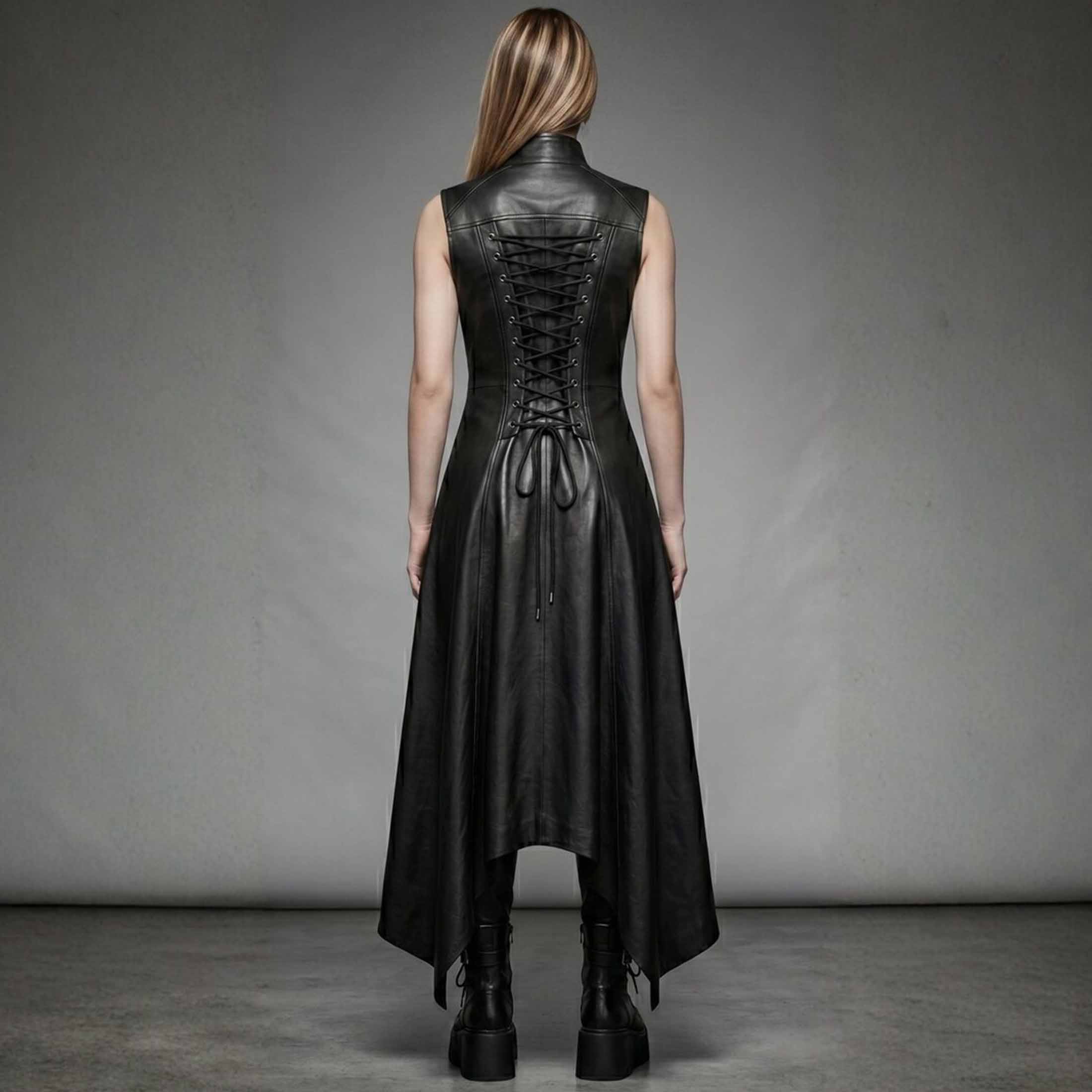 Rear full length view of black leather duster coat showing adjustable corset lace up back and flowing long tailcoat hem