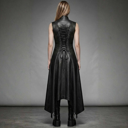 Rear full length view of black leather duster coat showing adjustable corset lace up back and flowing long tailcoat hem