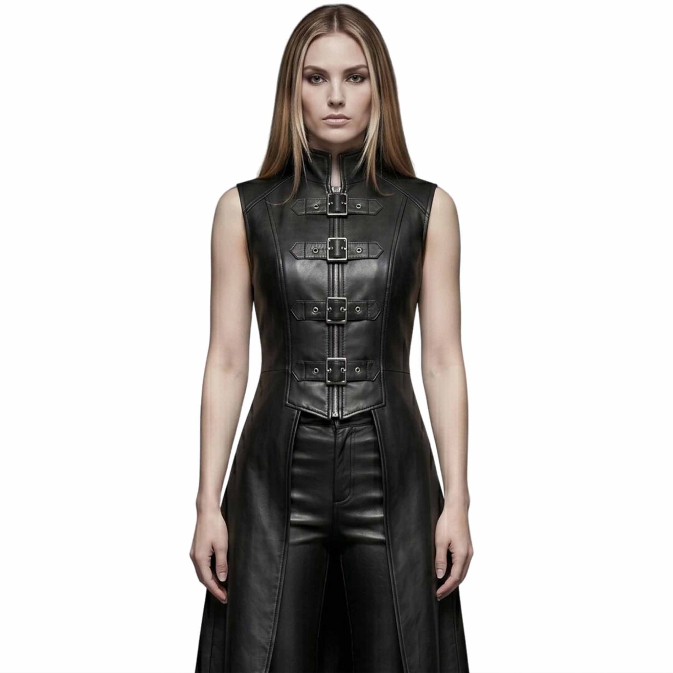 Front close up of black gothic leather vest highlighting high mandarin collar and four polished metal buckle closures