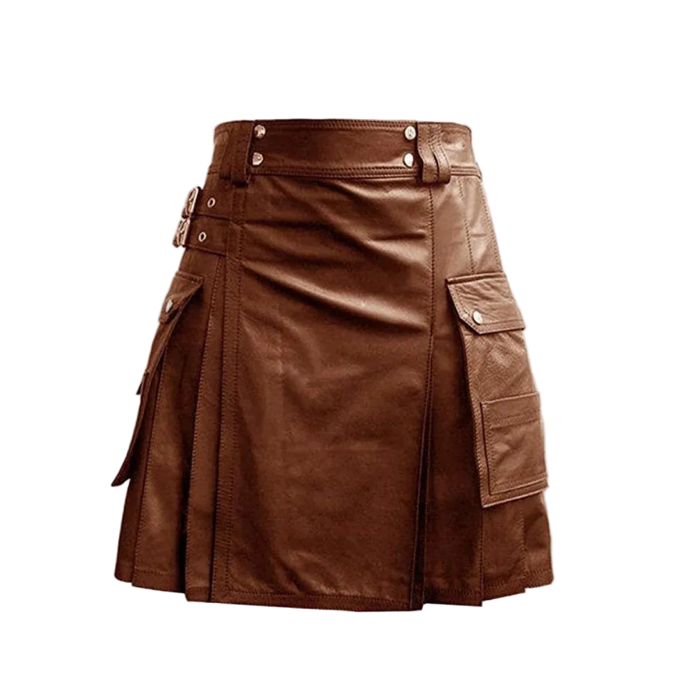Kilt utilitario de cuero marrón, bolsillos cargo dobles, plisado con hebillas dobles para hombre