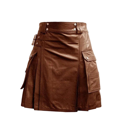 Kilt utilitario de cuero marrón, bolsillos cargo dobles, plisado con hebillas dobles para hombre