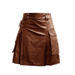 Kilt utilitario de cuero marrón, bolsillos cargo dobles, plisado con hebillas dobles para hombre