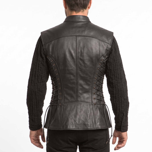 Back view showing the contoured seam stitching and dual side grommet cord lacing on a black genuine leather Viking vest.