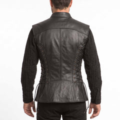 Back view showing the contoured seam stitching and dual side grommet cord lacing on a black genuine leather Viking vest.