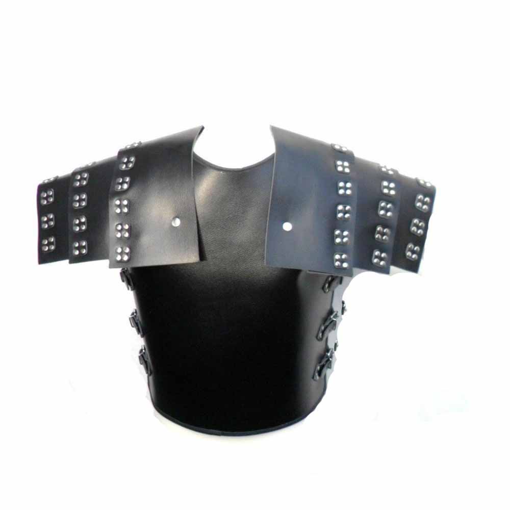 Rear view of plain black leather torso armour showing back panel construction and tiered shoulder guards.