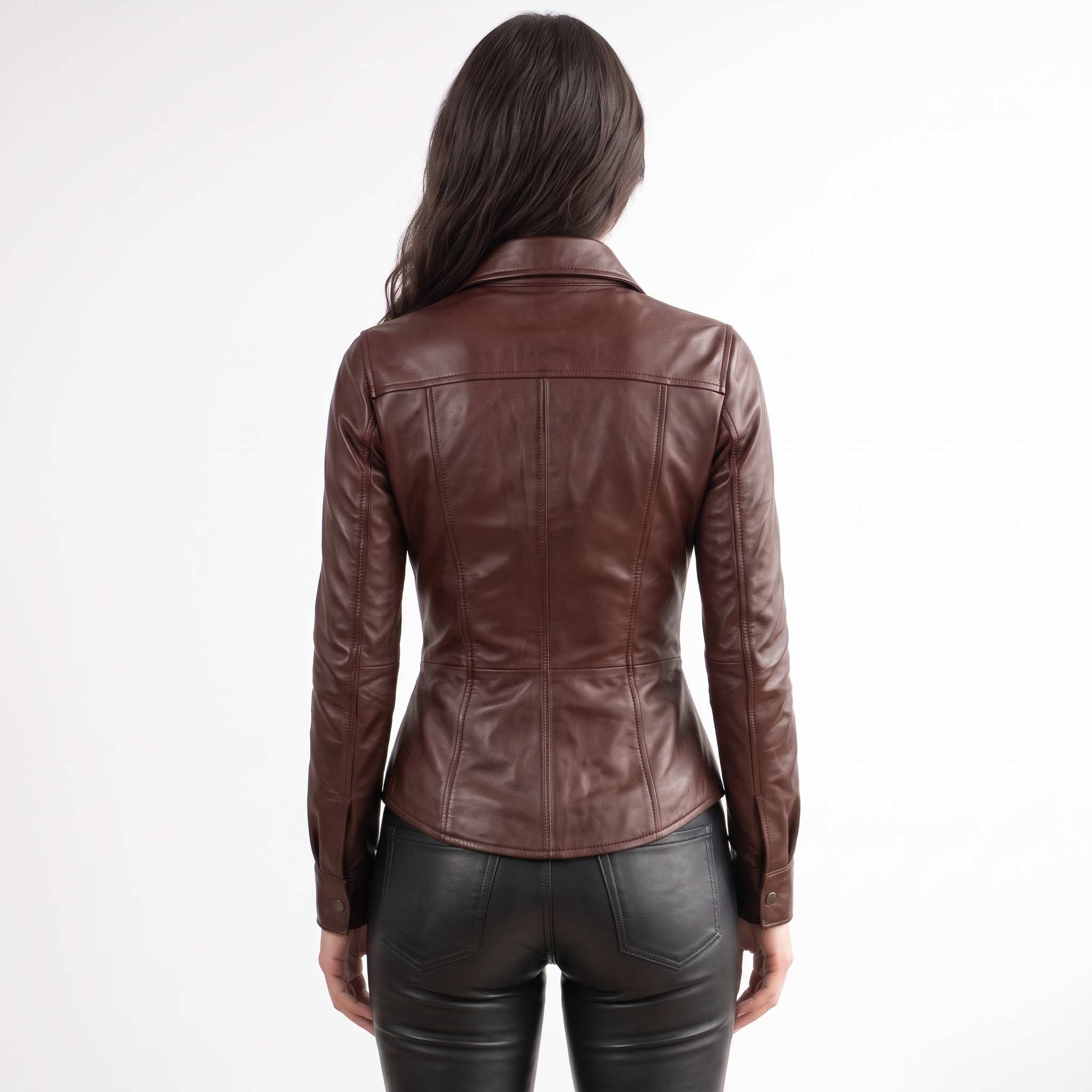 Full back view showing the streamlined fit, seam construction, and cuff detailing on a women's handcrafted brown leather overshirt.