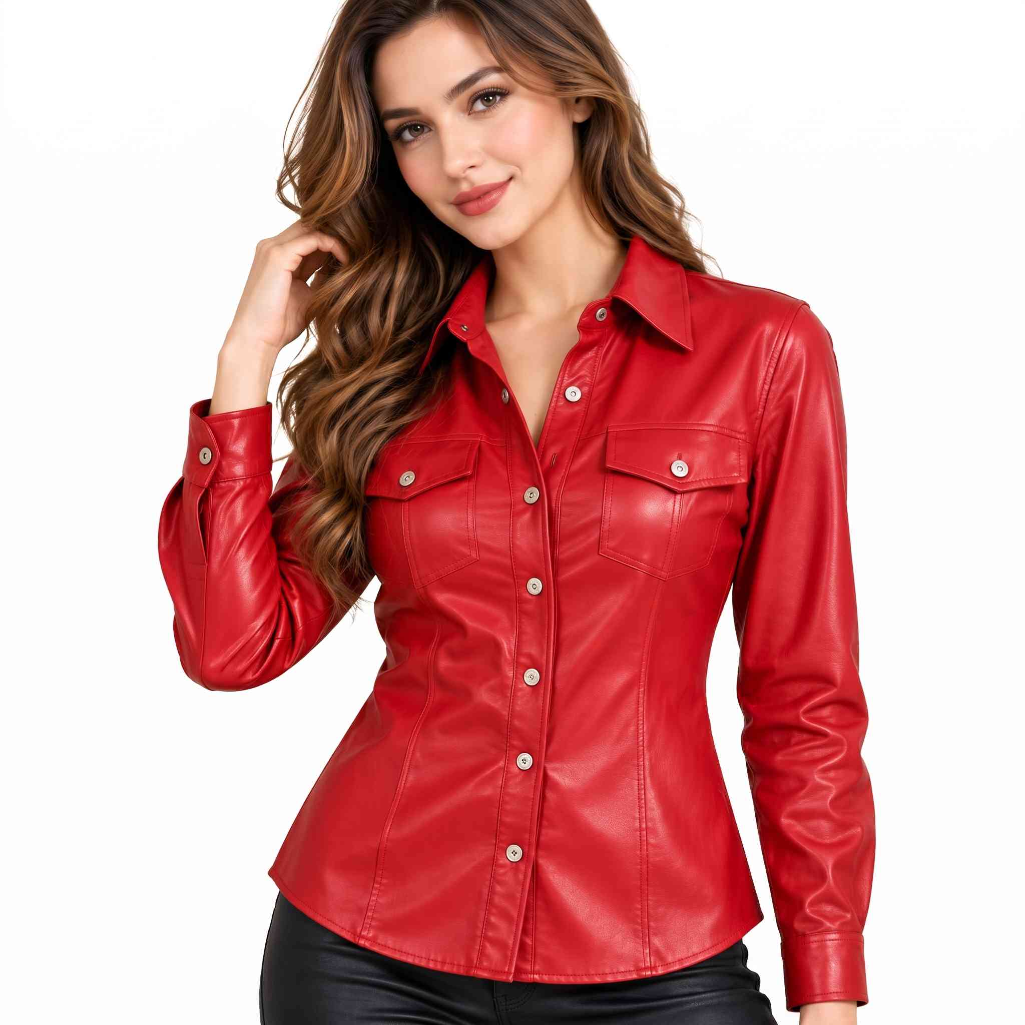 Front view of a smiling brunette model wearing a tailored cherry red leather button up shirt with silver buttons and dual flap pockets.