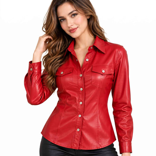 Front view of a smiling brunette model wearing a tailored cherry red leather button up shirt with silver buttons and dual flap pockets.