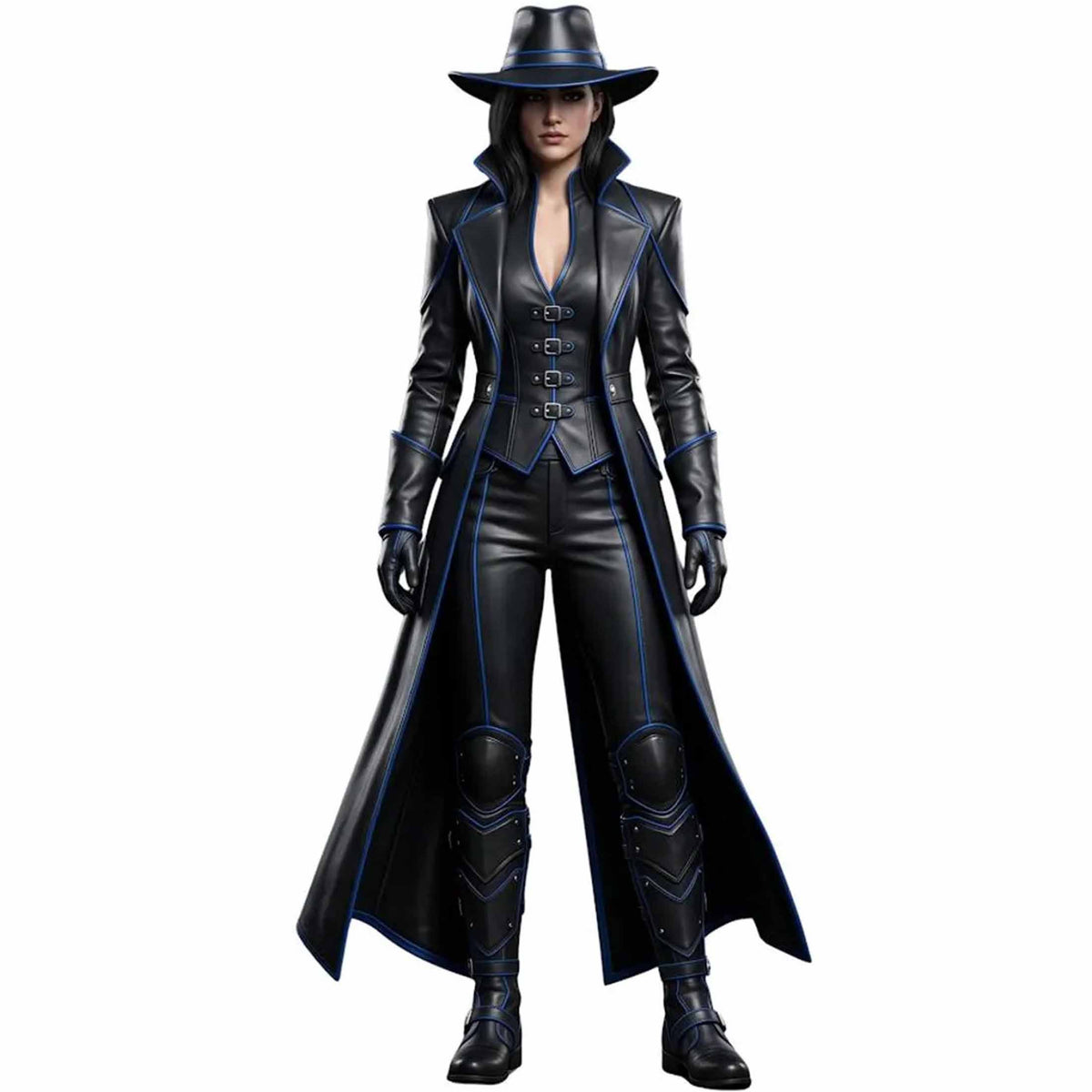 Full length front view of women handmade black cyberpunk leather trench coat outfit with blue piping buckled vest and wide brim hat on white background