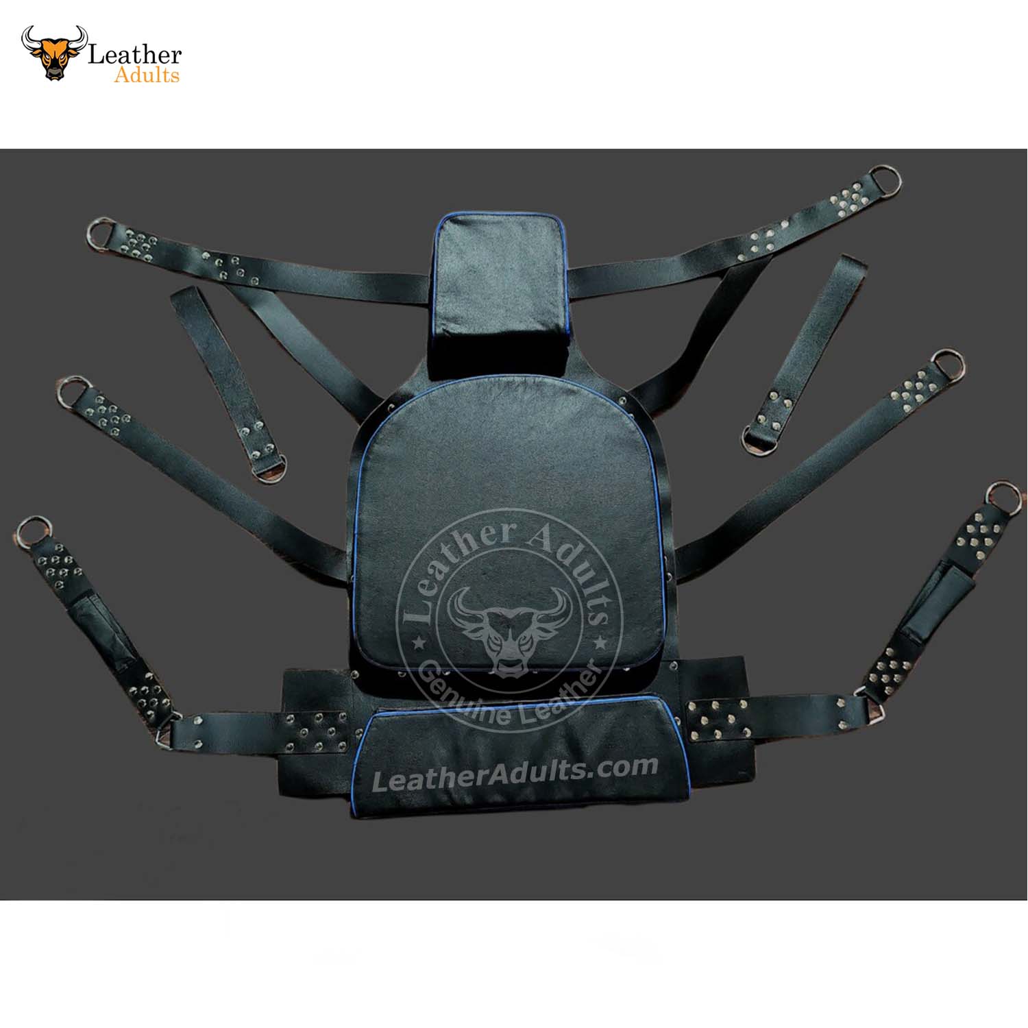 A black leather sex sling and swing with multiple straps and rivets, designed for adult use.