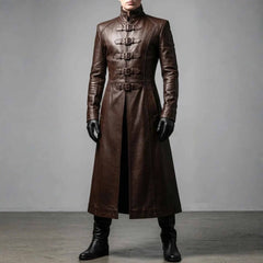 Handmade Men's Dark Fantasy Leather Trench Coat | Gothic Medieval Military Inspired Costume & LARP Warrior Cosplay Duster