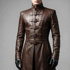 Handmade Men's Dark Fantasy Leather Trench Coat | Gothic Medieval Military Inspired Costume & LARP Warrior Cosplay Duster