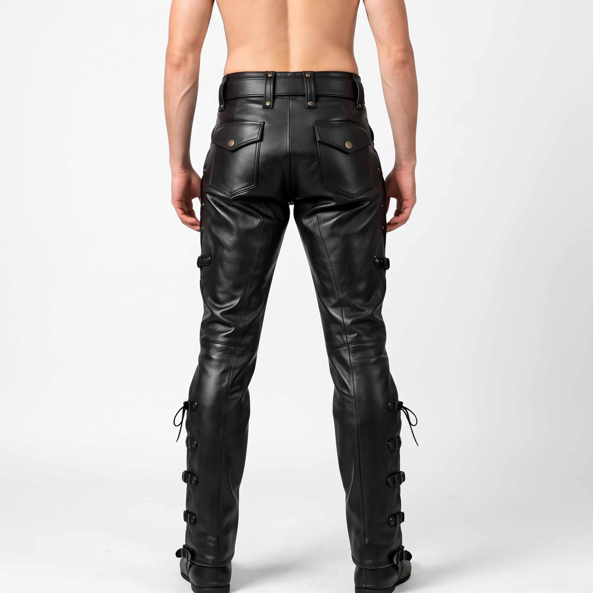 Direct rear close up of black leather gothic pants displaying wide belt loops, dual snap pockets, and knee seams