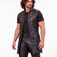 Close up front perspective of man in black leather medieval vest showing chest button detail and standing collar