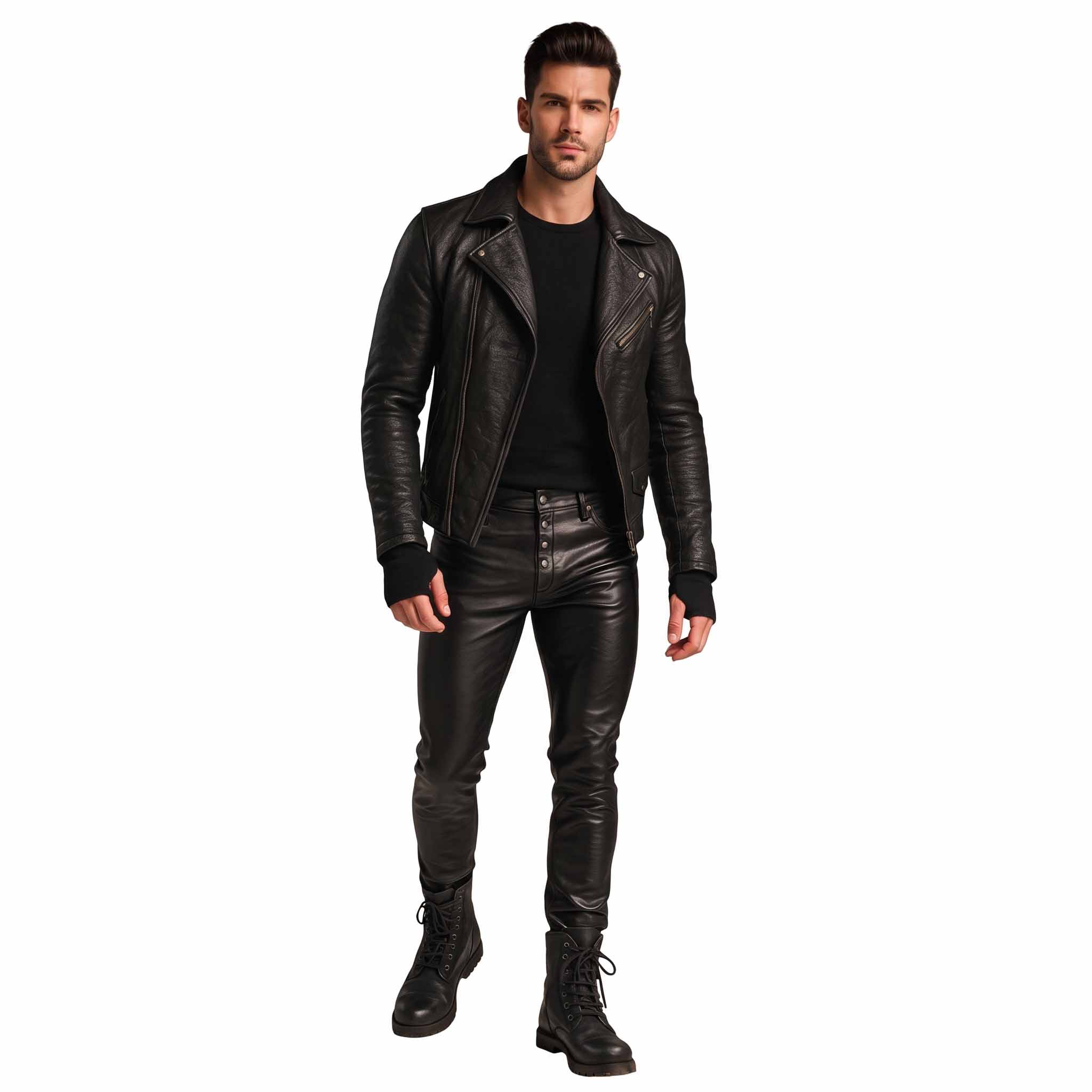 Full length studio shot of handsome man wearing black leather motorcycle jacket, black leather slim jeans, and lace up boots