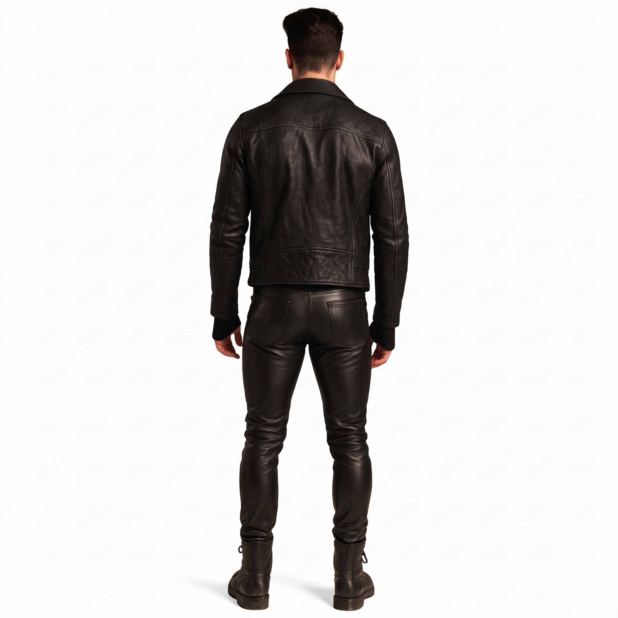 Full length back view of man wearing tailored black leather biker jacket and matching black leather button fly jeans