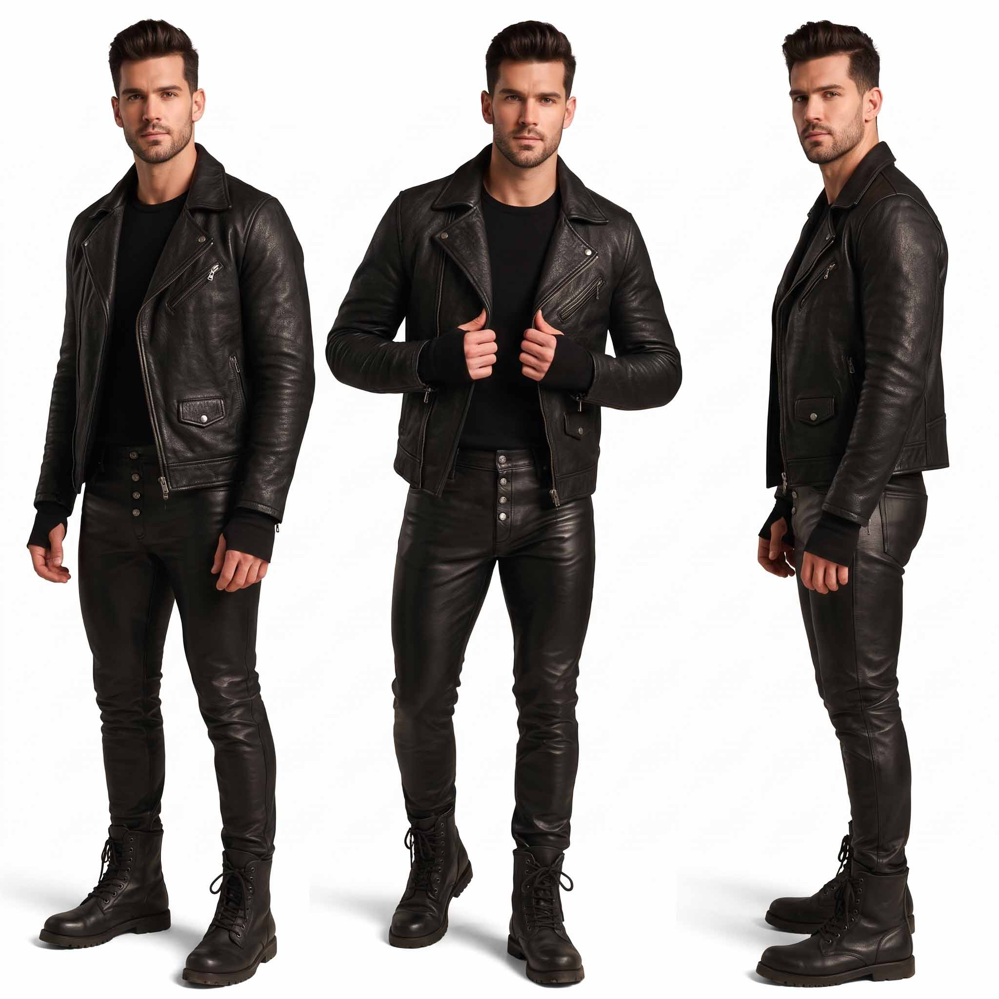 Three panel studio composite of male model posing in black leather jeans and motorcycle jacket showing front, angled, and side views