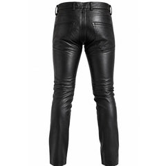 Back studio shot of mens black genuine leather trousers showing rear patch pockets, yoke seam, and full length center back zipper
