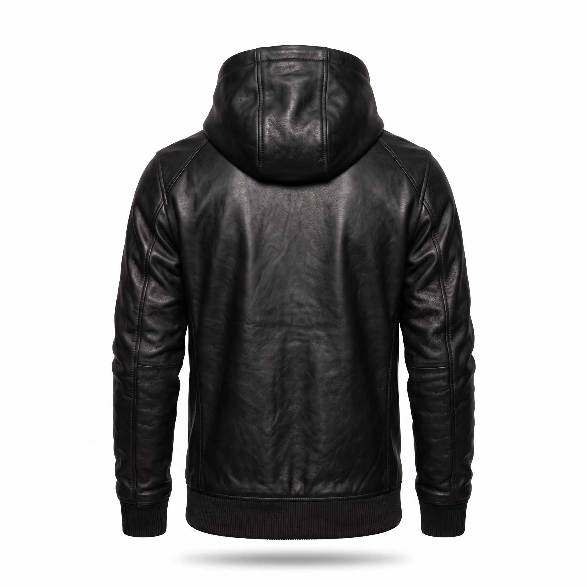 Back studio view of mens black leather hoodie on invisible mannequin displaying center spine seam and ribbed knit hemline