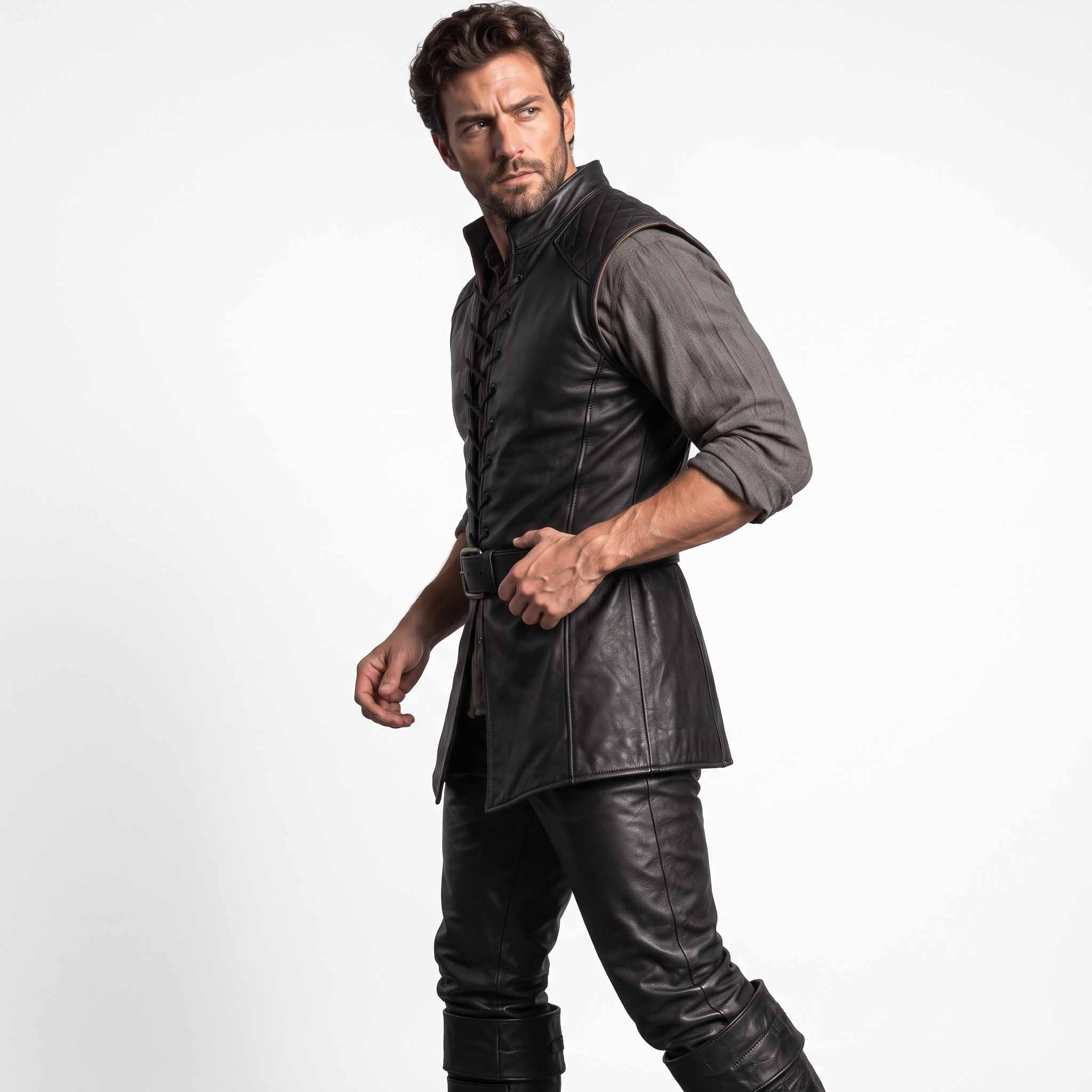 Side three quarter perspective of man wearing tailored black leather fantasy ranger jerkin tucked with waist belt over linen shirt