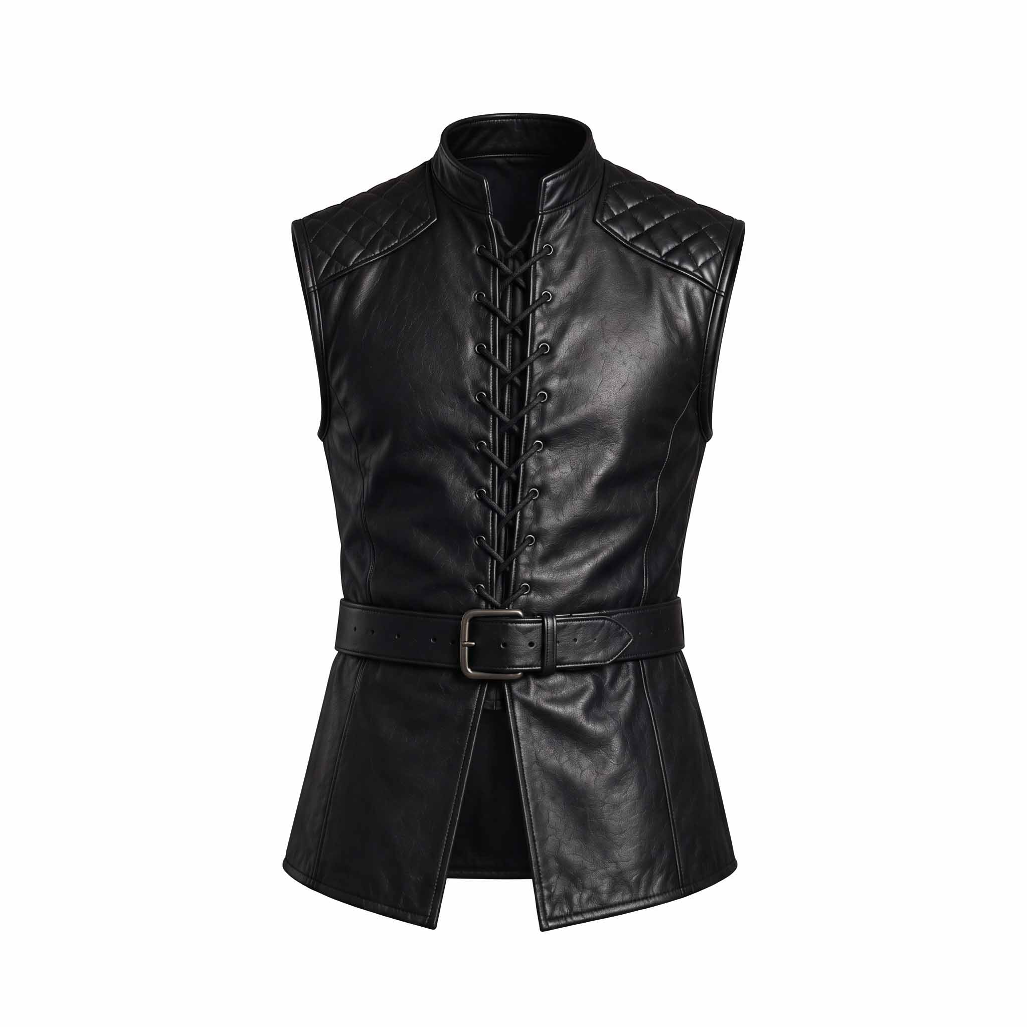 Front studio view of black leather medieval doublet on invisible mannequin highlighting eyelet cord lacing, belted waist, and split front panels