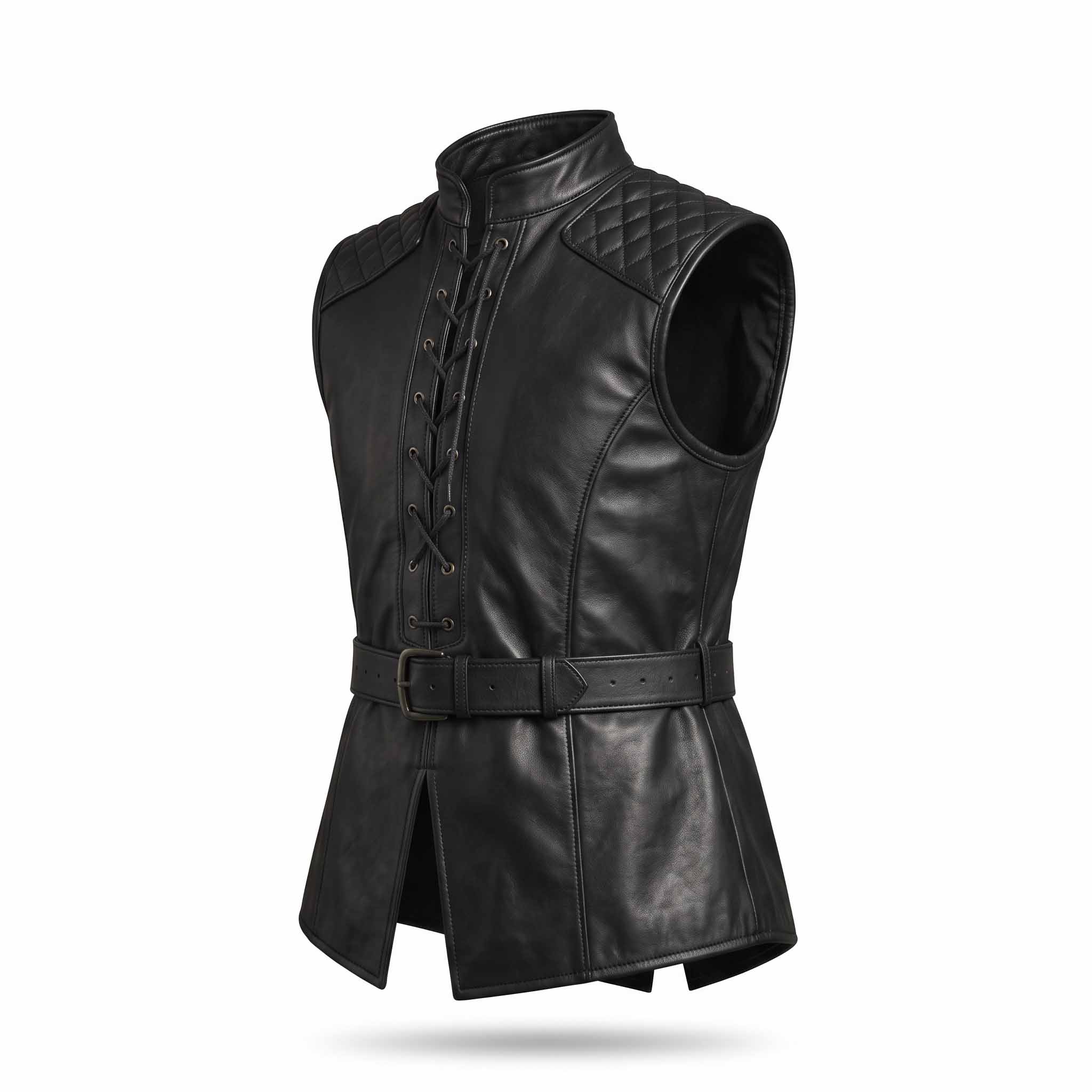 Three quarter studio angle of black genuine sheepskin leather jerkin showing raised collar, diamond quilted shoulder cap, and side profile